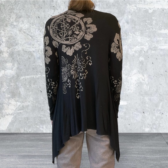 XXI Wrap Blouse / Jacket, Soft Knit Stretch, Black and Slate Design, Size Small - Picture 2 of 13